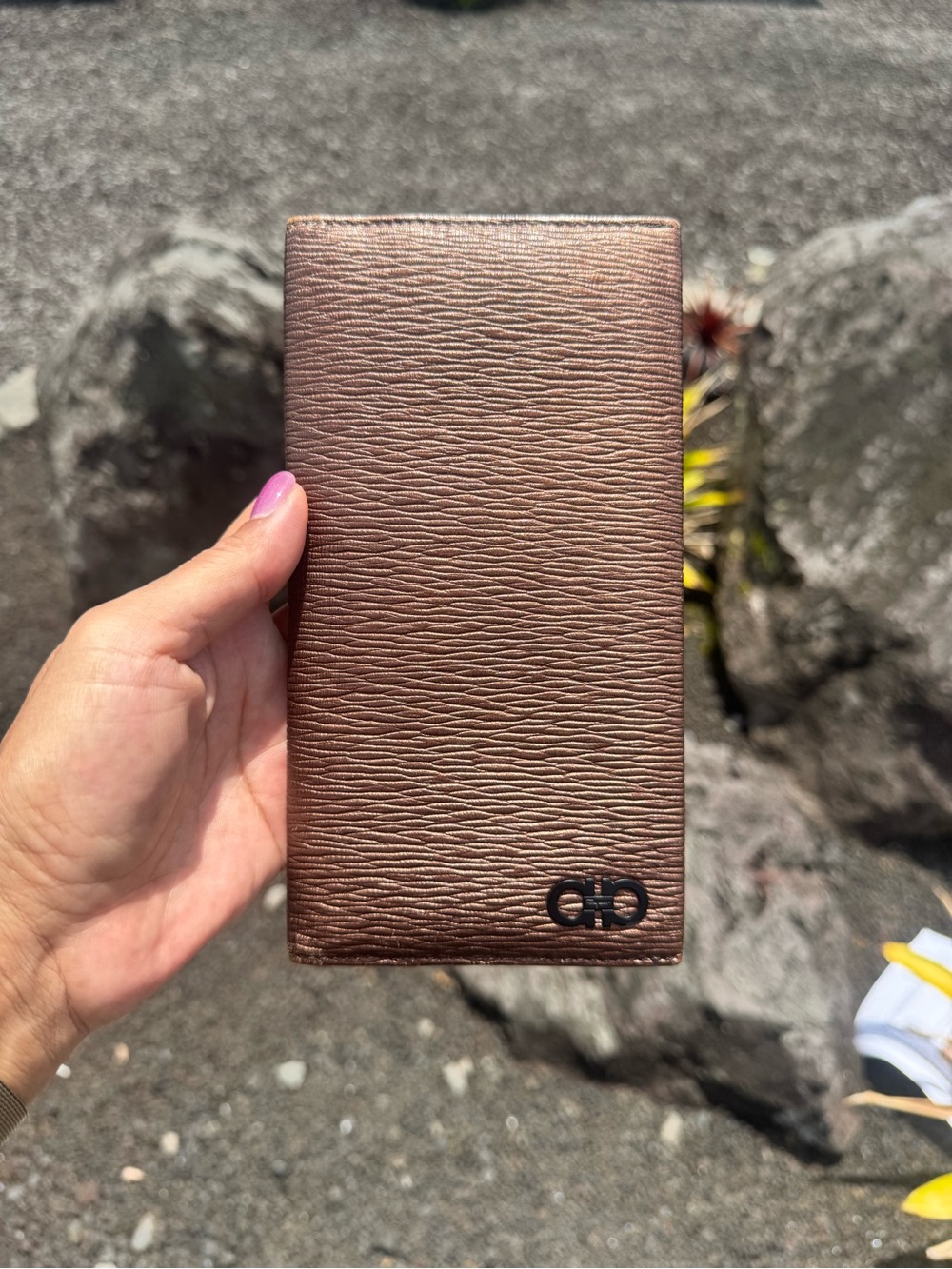 Salvatore Ferragamo Metallic Bronze Gancini Leather Card Holder Passport Wallet